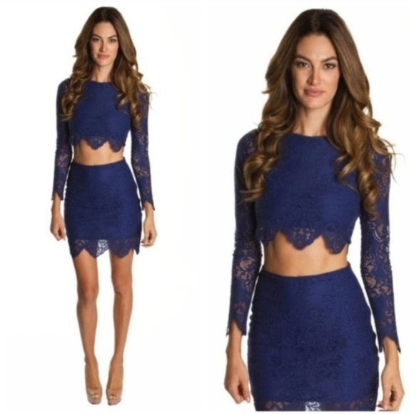 FOR LOVE AND LEMONS Lace Set Skirt & Long Sleeve Top Midnight  Blue Small Medium - Picture 1 of 14